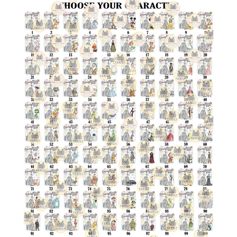 May include: A collection of 100 circular designs featuring various cartoon characters and a castle illustration. Each design includes the text "Disneyland Family 2020" and a unique number. The designs are set against a cream-colored background.
