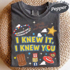 Vintage-tröja med texten "Jag visste det, jag visste dig", vänskapströja med Toy Story 5, Woody Buzz Lightyear-tröja, matchande familjetröja med Disneyland-tema Pepper/Dark Heather