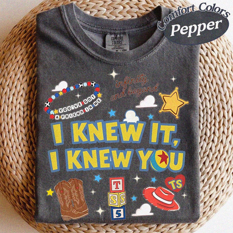 Vintage-tröja med texten "Jag visste det, jag visste dig", vänskapströja med Toy Story 5, Woody Buzz Lightyear-tröja, matchande familjetröja med Disneyland-tema Pepper/Dark Heather