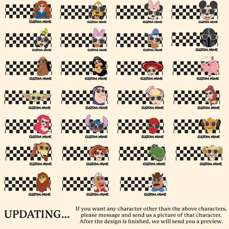 May include: A collection of cartoon character designs, each wearing sunglasses, with the text "CUSTOM NAME" below. The characters include Mickey Mouse, Minnie Mouse, and other popular figures. The background features a black and white checkered pattern.