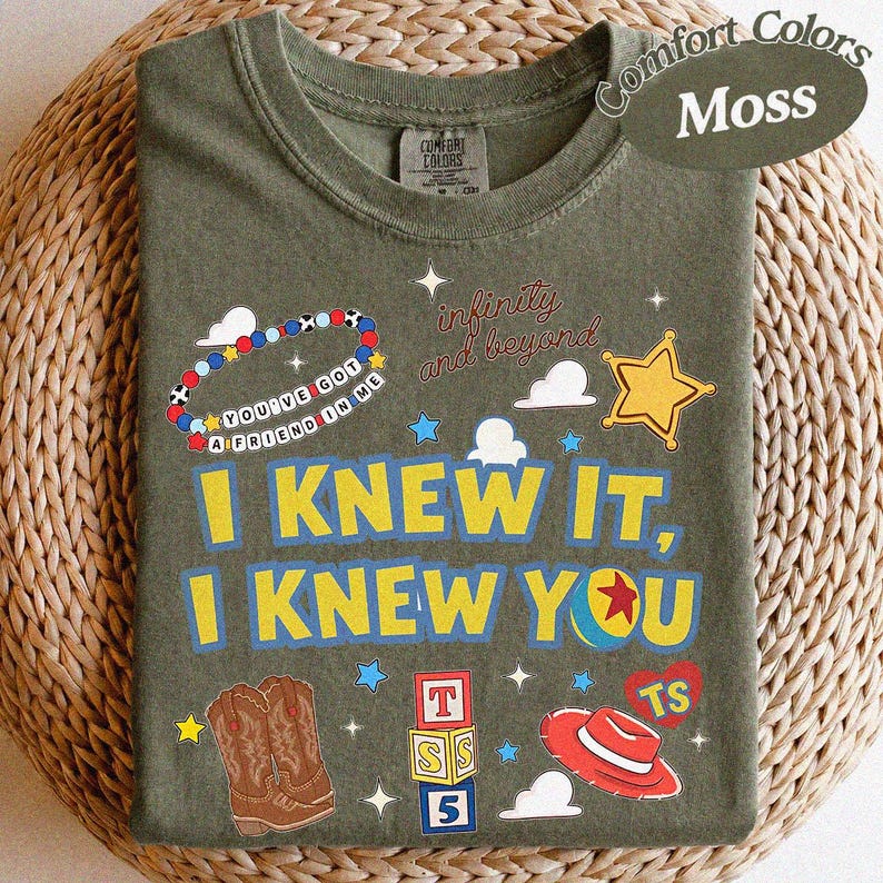 Vintage-tröja med texten "Jag visste det, jag visste dig", vänskapströja med Toy Story 5, Woody Buzz Lightyear-tröja, matchande familjetröja med Disneyland-tema Moss/Military Green