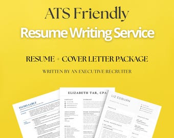 May include: A yellow background with the text "ATS Friendly Resume Writing Service." The image shows three sample resumes with the names Eli Dela Cruz, Elizabeth Tar, and Liz Edburn. The text also says "Resume + Cover Letter Package" and "Written by an Executive Recruiter."