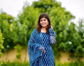 Indigo Printed Kurta Pant With Dupatta Set,Indian Ethinc Salwar Kameez Suits