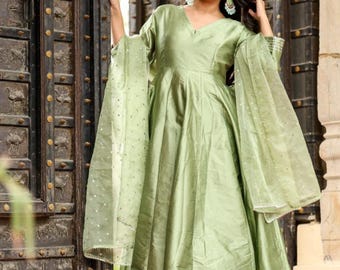 Green Anarkali Kurta Pant With Dupatta Set,Indian Ethnic Wedding Wear Dress For Women