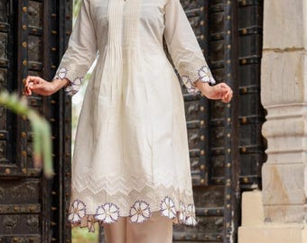 Floral Embroidered  Khadi Cotton Kurta Palazzo Set For Women, Plus Size Outfit