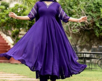 Purple Georgette Anarkali Kurti with Embroidered Details, Pant & Dupatta Set