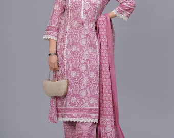 Floral Print Cotton Salwar Kameez Dupatta Set, Indian Ethnic Suit