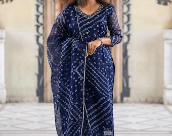 Navy Blue Bandhani Print Kurta Pant With Dupatta Set,Women Ethnic Wear