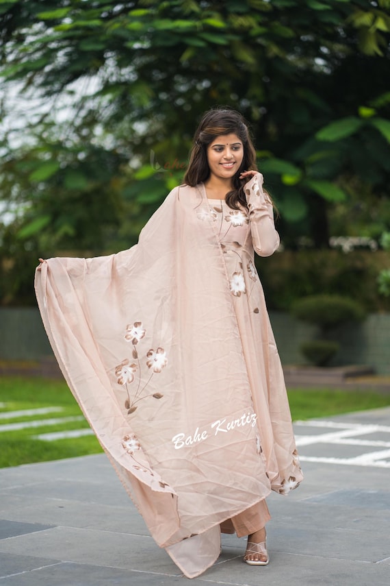 Handwork Printed Cotton Anarkali Kurti with Organza Dupatta, Cream Color