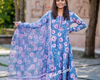 Floral Printed Cotton Anarkali Kurti with Pant and Dupatta Set