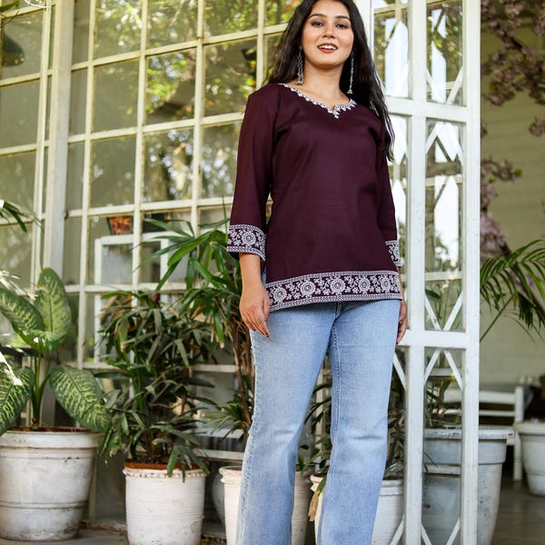 Embroidered Cotton Tunic Top: Maroon Indian Ethnic Kurti Blouse For Women
