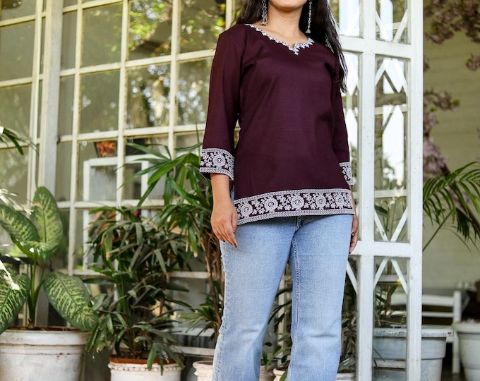 Embroidered Cotton Tunic Top: Maroon Indian Ethnic Kurti Blouse For Women