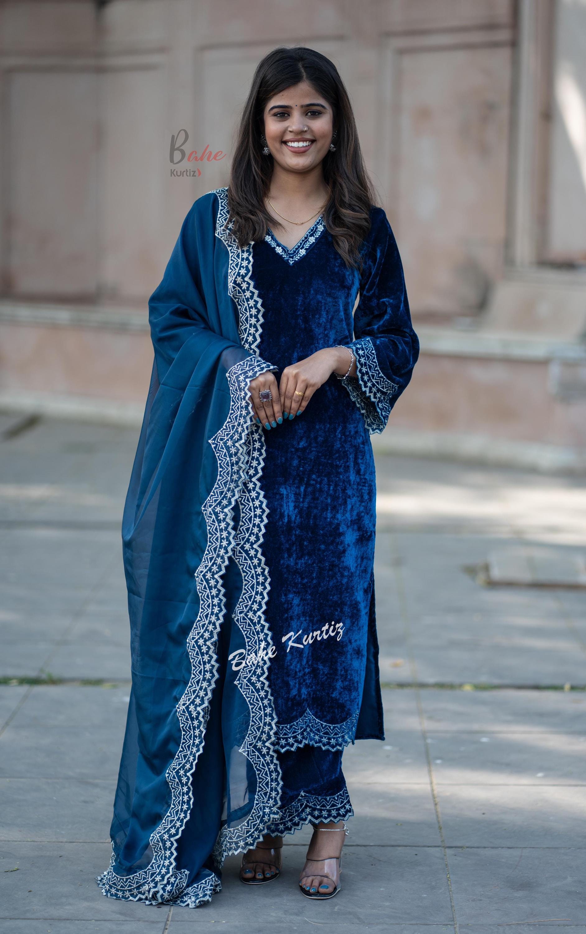 blue velvet dress pakistani JZM Embroidered Blue Luxury Velvet Dress main image 1