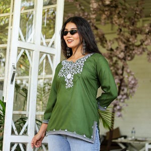 Green Embroidered Cotton Kurti Blouse for Women,Traditional Indian Tunic Top with Intricate Embroidery Top image 7