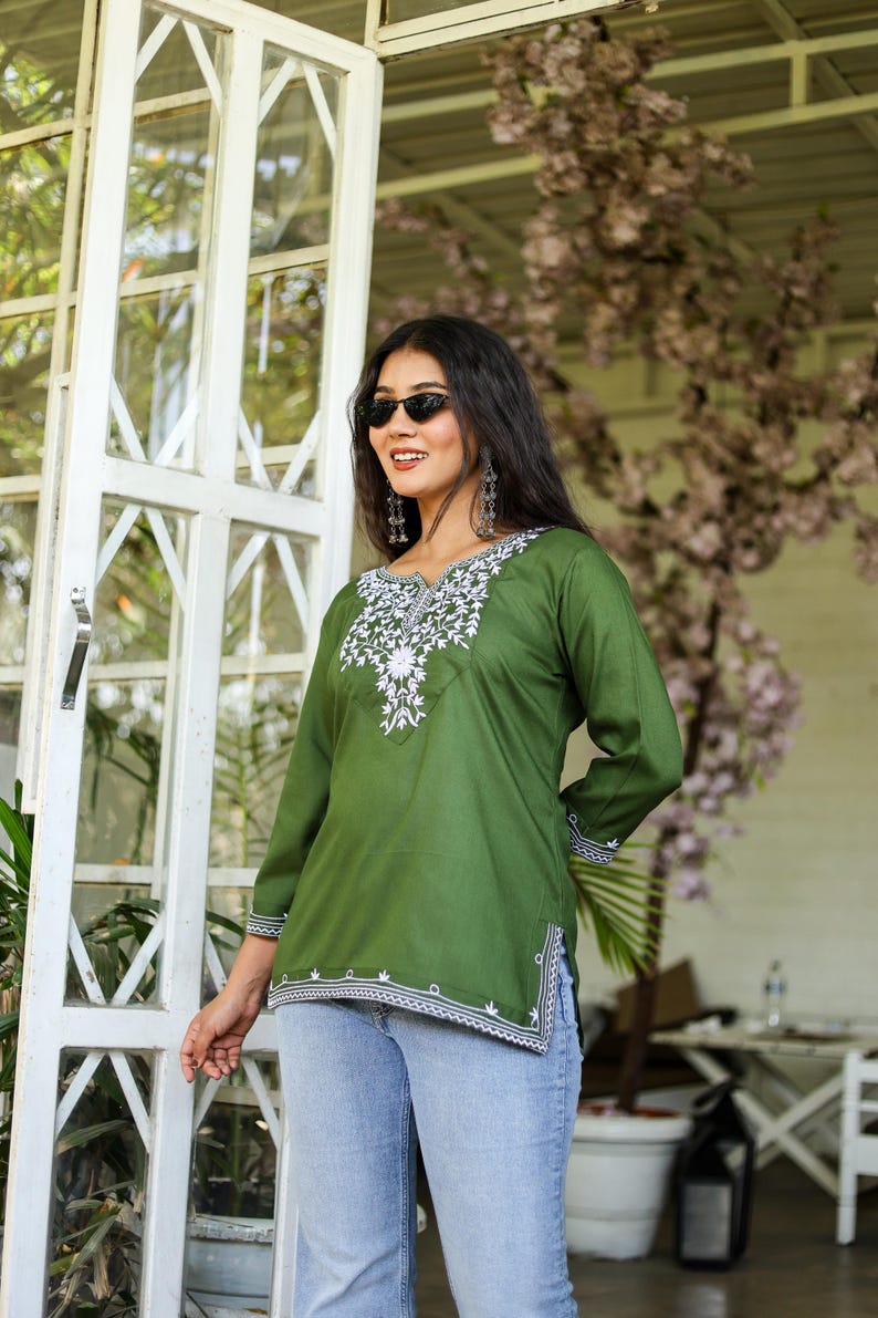Green Embroidered Cotton Kurti Blouse for Women,Traditional Indian Tunic Top with Intricate Embroidery Top image 7