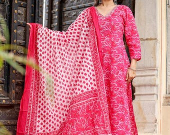 Pink Flower Print Cotton Kurti Set: Embroidered Indian Salwar Suit