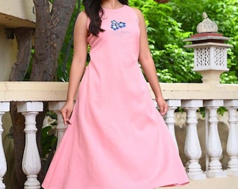 Embroidered Khadi Cotton Kurti Palazzo Set, Halter Neck Sleeveless Indian Dress