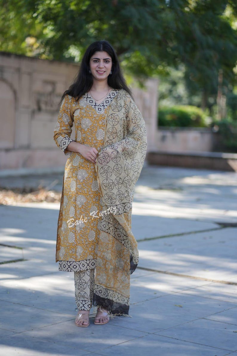 Hand Block Print Cotton Kurti Set, Kota Doriya Dupatta image 5