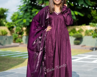 Plus Size Silk Satin Kurta Pant Dupatta Set: Hand Embroidered Party Dress