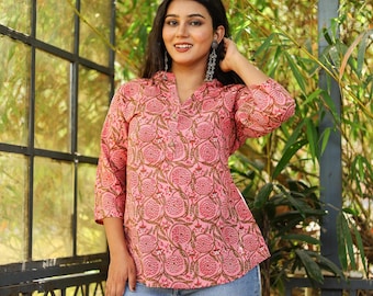 Pink Block Print Cotton Tunic Top: Boho Embroidered Kurti