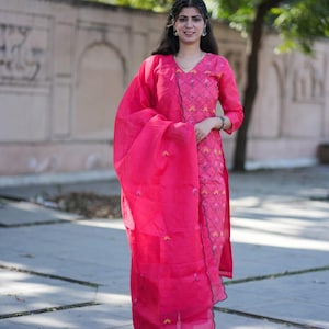 Party wear hand embroidered kurta set, Women heavy straight kurti with pant and dupatta set, kurties set for women, salwar kameez suits
