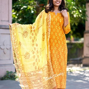Mustard Cotton Schiffli Kurti Set: Hand Block Printed Party Wear