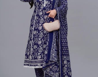 Indigo Anarkali Kurti Pant Dupatta Set, Embroidered Cotton Ethnic Dress