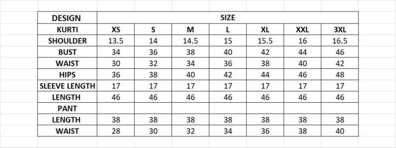 May include: A black and white size chart table for a kurti and pant set. The table lists measurements for shoulder, bust, waist, hips, sleeve length, and total length for sizes XS through 3XL, with values provided in inches for each garment section.