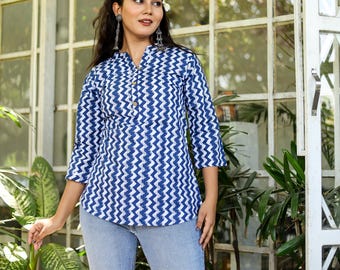 Indigo Zigzag Block Print Cotton Top: Women's Tunic Kurta