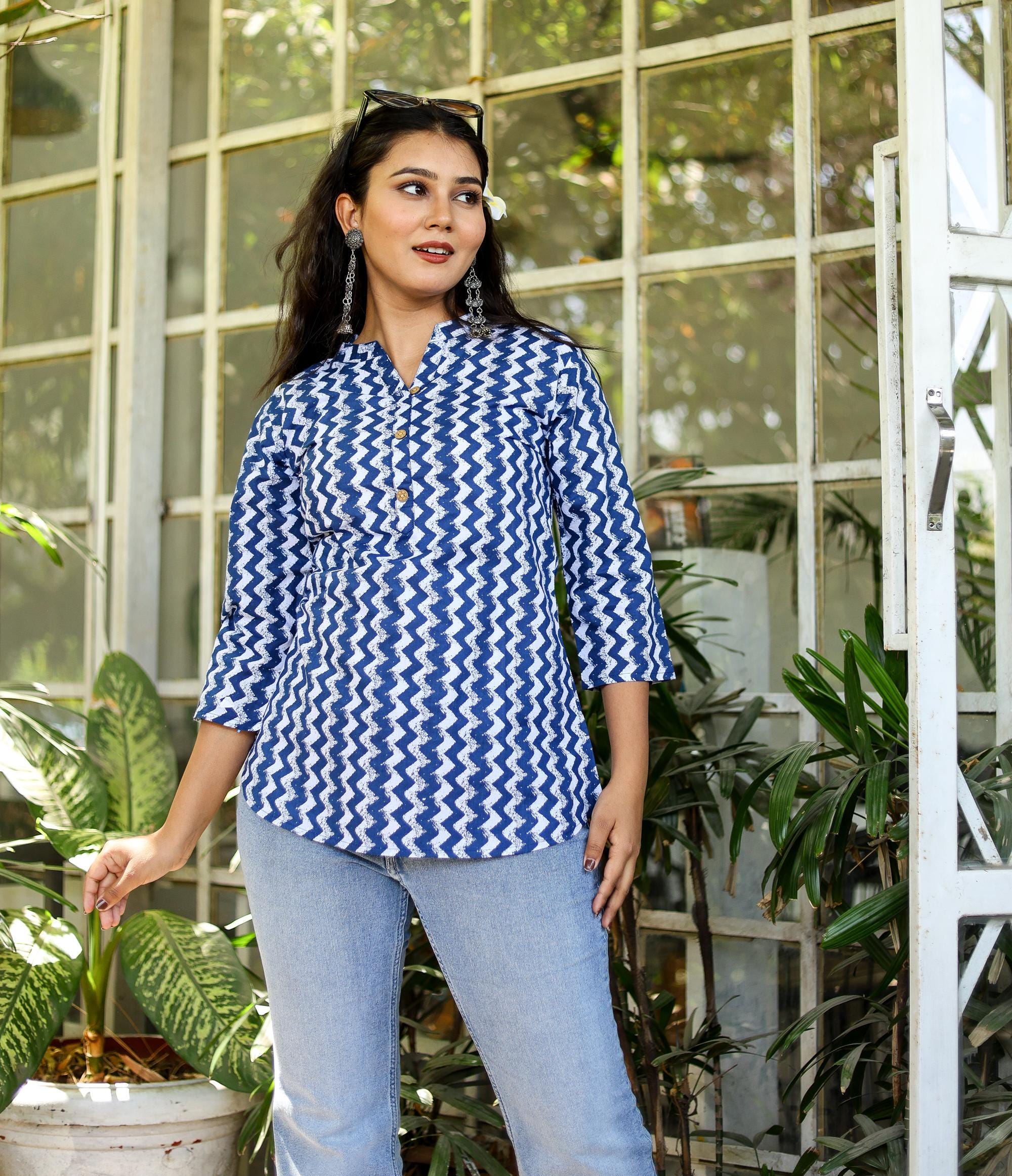 Indigo Blue Block Print Cotton Women Tunic Top: Indian Ethnic Kurta