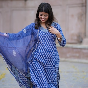 Indigo Print Kurti Pant Dupatta Set: Pure Cotton Salwar Kameez