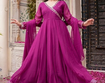 Hand Embroidered Wine Georgette Anarkali Dress | Indian Ethnic Wedding Wear