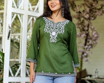 Embroidered Cotton Kurti: Indian Tunic Top, Ethnic Blouse