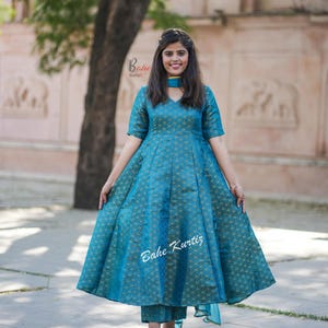 Teal Blue Silk Anarkali Kurti Pant Dupatta Set: Brocade Indian Dress