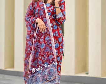 Hand Block Floral Print Kurti Set, Cotton Kurta Dress with Dupatta