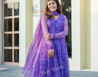Bandhani Printed Anarkali Kurta Pant Dupatta Set: Chiffon Party Dress