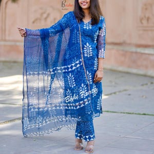 Handmade Indigo Kota Doriya Kurti Set | Block Print Indian Suit image 1