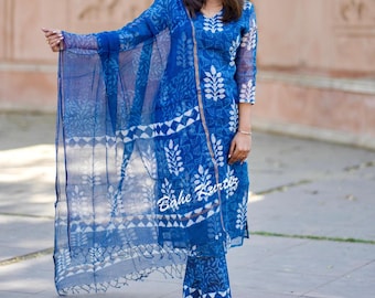 Handmade Indigo Kota Doriya Kurti Set | Block Print Indian Suit