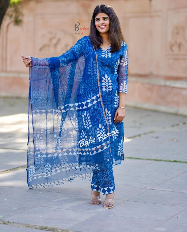 Handmade Indigo Kota Doriya Kurti Set | Block Print Indian Suit image 1