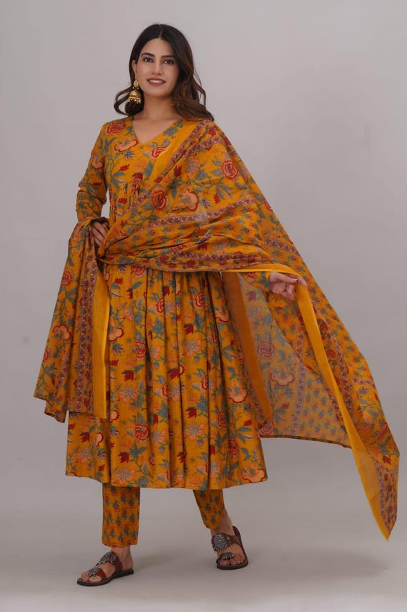 Floral Printed Cotton Anarkali Suit | Mustard Yellow Indian Outfit