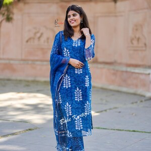 Handmade Indigo Kota Doriya Kurti Set | Block Print Indian Suit image 6