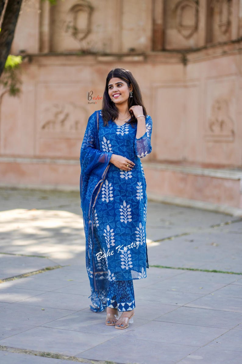 Handmade Indigo Kota Doriya Kurti Set | Block Print Indian Suit image 6