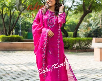 Embroidered Kota Doriya Kurta Pant Dupatta Set,indian ethnic dress,Salwar Kameez