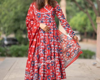 Red Cotton Anarkali Kurta Set: Ajrakh Print Indian Dress