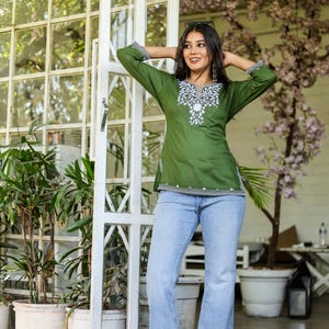 Green Embroidered Cotton Kurti Blouse for Women,Traditional Indian Tunic Top with Intricate Embroidery Top image 5