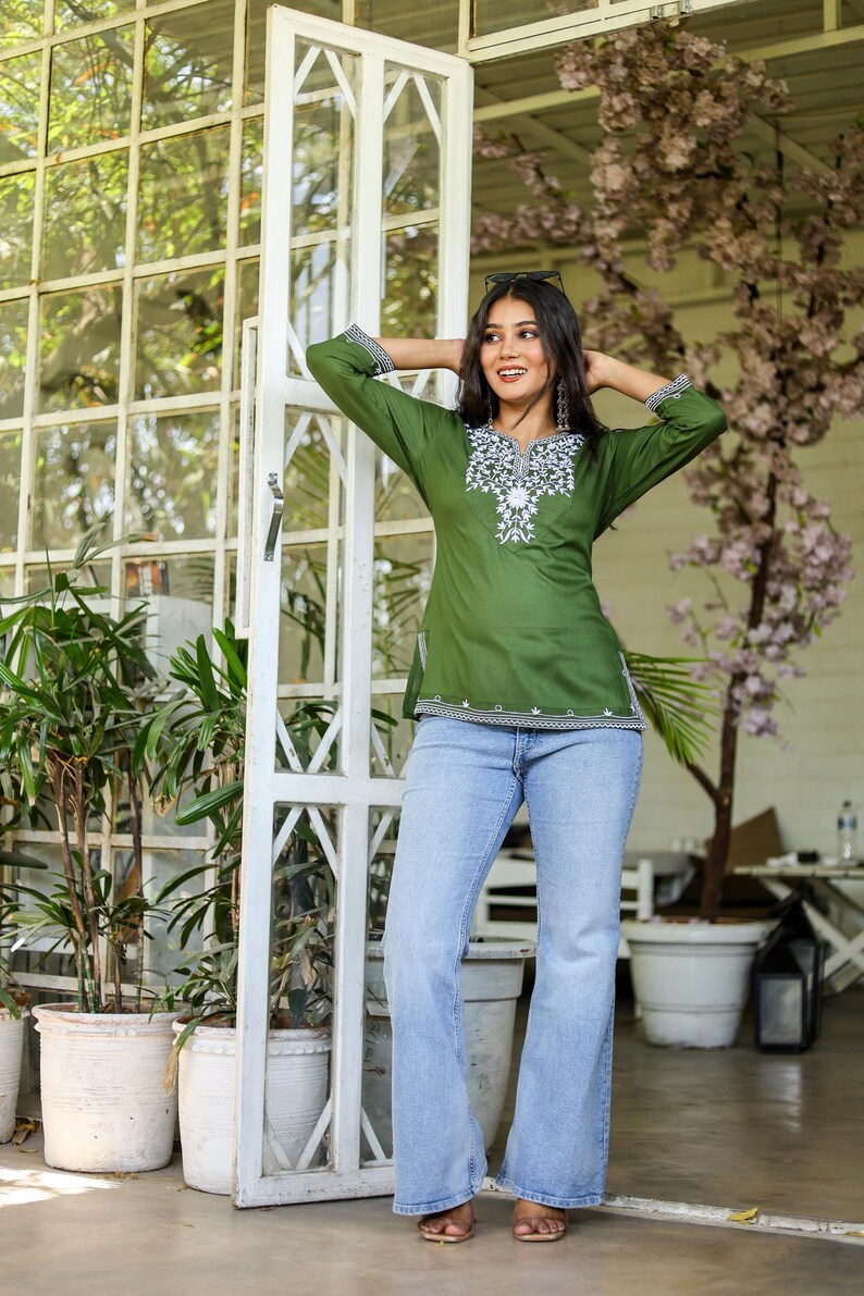 Green Embroidered Cotton Kurti Blouse for Women,Traditional Indian Tunic Top with Intricate Embroidery Top image 5