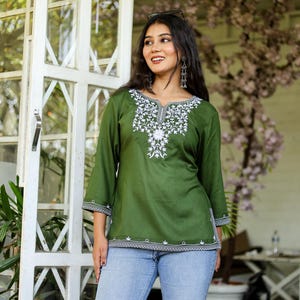 Green Embroidered Cotton Kurti Blouse for Women,Traditional Indian Tunic Top with Intricate Embroidery Top image 6