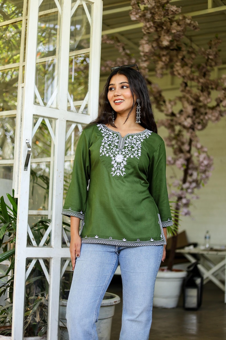 Green Embroidered Cotton Kurti Blouse for Women,Traditional Indian Tunic Top with Intricate Embroidery Top image 6