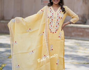 Embroidered Kota Doria Kurta Pant Dupatta Set: Indian Festival Wear