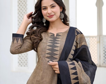 Handmade Mangalagiri Cotton Kurta Dupatta Set For Women,Indian Party Wear Salwar Kameez